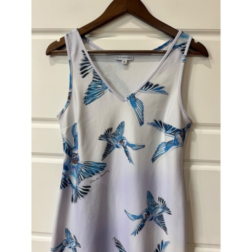 Ala von Auersperg Blue Bird Print Midi Dress Small Coastal Resort Wearable Art - Picture 3 of 11